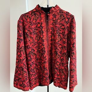 Stunning wool crewel embroidered floral red & black Nehru holiday jacket wedding